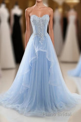 Light Blue Tulle Lace Long Formal Prom Dresses, Prom Dresses