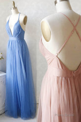 A-Line Tulle Long Prom Dresses, Simple V-Neck Party Dresses