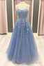 Blue Tulle Lace Applique Long Prom Dress, Lace Formal Dress