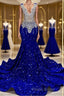 Royal Blue Sleeveless Mermaid Formal Prom Dress with Beadings and Sequins