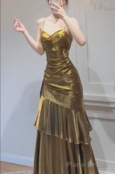 A-Line Gold Prom Dress features spaghetti straps Evening Dresses