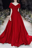 Simple V-neck Short-Sleeve Off Shoulder Long Prom Dress Red A-Line Evening Dress