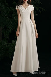 Simple V-neck Short-Sleeve Off Shoulder Long Prom Dress White A-Line  Evening Dress