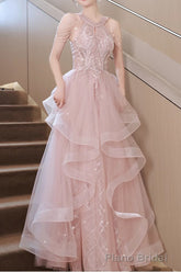 Pretty Sequin Ruffle Off Shoulder Prom Dress Light Pink Princess Halter Neck Maxi Dress