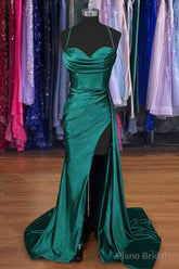A-line Sweetheart Spaghetti Straps Sweep Train Silk like Satin Ruched Prom Dresses