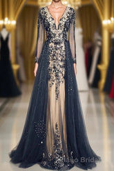 Luxury Long Sleeves V-neck Long Formal Prom Dresses Overskirt Mother Prom Dresses