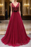 Elegant A-line V-neck Long Formal Prom Dresses Tulle Appliques Beaded Prom Dresses