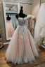 Pink Sweetheart Neck Lace Long Prom Dresses, A-Line Formal Dresses