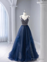 Blue Tulle Beaded Long Prom Dress, A-Line Spaghetti Strap Formal Evening Dress