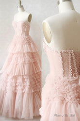 Pink Tulle Lace Long Prom Dresses, A-Line Strapless Evening Dresses