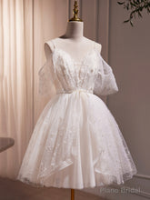 Ivory V-Neck Beaded Straps Party Dress, Ivory Knee Length Prom Dress