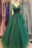 Green V-Neck Tulle Long Prom Dresses, A-Line Long Sleeve Evening Dresses
