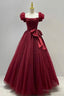 Burgundy Tulle Short Sleeve A-Line Formal Dresses, Burgundy Evening Dresses