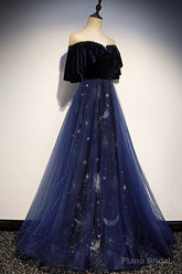 Blue Velvet Tulle Long Prom Dresses, Blue Formal Evening Dresses