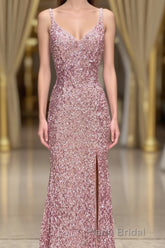 Gorgeous Mermaid V-Neck Pearl Pink Long Formal Prom Dresses with Slit