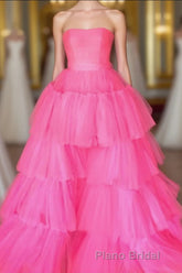 Elegant Strapless Layered Hot Pink Long Formal Prom Dresses with Slit