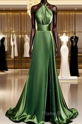 Green Soft Satin Halter Long Evening Dresses Party Dresses, Green A-line Formal Prom Dresses