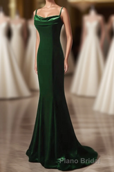 Green Mermaid Long Velvet Party Dresses, Green Straps Long Prom Dresses Formal Prom Dresses