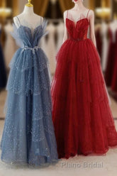 A-Line Tulle Layers Beaded Straps Long Party Dresses, Tulle Formal Prom Dresses Evening Dresses