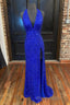 Backless Royal Blue Sequins Formal Prom Gown with Slit