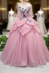 Pink V Neck Tulle Lace Applique Long Formal Prom Dress, Pink Evening Dress, 1