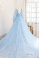 Blue V-Neck Tulle Long Prom Dress, Long Sleeve A-Line Evening Party Dress