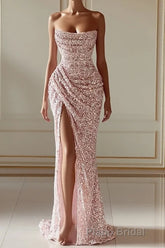 New Arrival Pink Sequins Sleeveless Evening Dresses With Split