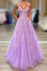 A-Line Tulle Princess Light Purple Formal Prom Dresses With Appliques, Tulle Straps Prom Dresses