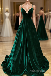 Green V-Neckline Straps Lace-Up A-Line Formal Prom Dresses, Green Velvet Long Formal Prom Dresses