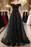 A-Line Off Shoulder Black Tulle With Lace Party Dresses, Black Long Formal Prom Dresses