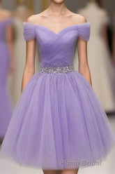 Purple Off Shoulder Tulle Sequin Formal Prom Dresses, Purple Homecoming Dresses