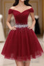 Burgundy Tulle Sequin Short Formal Prom Dresses, Burgundy Homecoming Dresses, 1