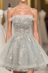 Gray Sweetheart Lace Tulle Short Formal Prom Dresses, Gray Cocktail Dresses