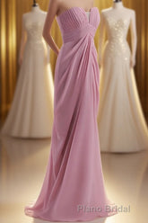 Strapless Blush Pink Draped High Waist Long Bridesmaid Dresses