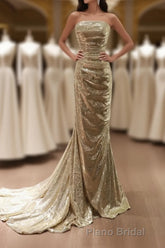 Gold Sequins Mermaid Scoop Long Evening Dresses, Gold Long Formal Prom Dresses Party Dresses