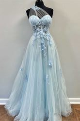 One-Shoulder Light Blue Tulle 3D Floral Lace A-Line Prom Dress