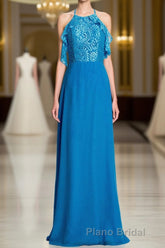 Blue A-line Lace and Chiffon Full Length Bridesmaid Dresses