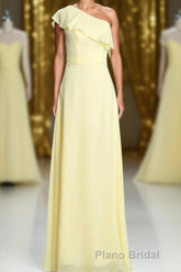 One Shoulder Yellow Ruffles A-line Long Bridesmaid Dresses
