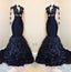 Dark Navy Mermaid Long Sleeves See Through Leaves Pleated African Prom Dresses