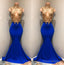 Charming Royal Blue Mermaid See Through Gold Appliques African Long Prom Dresses