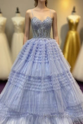 Periwinkle Lace Sweetheart Tiered Long Formal Prom Dresses with Ruffles