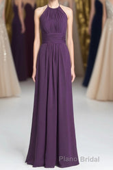 Purple Halter A-line Pleated Long Bridesmaid Dresses