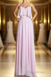 Pink Straps Flounce Chiffon A-line Long Bridesmaid Dresses