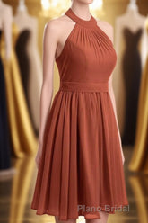 Rust Orange Chiffon Halter Backless A-Line Short Bridesmaid Dresses