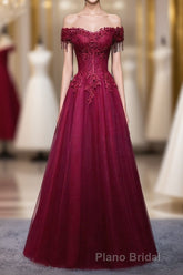 Burgundy Tulle Lace Off Shoulder Long Formal Prom Dresses, Burgundy Lace Evening Dresses