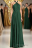 Halter Hunter Green Chiffon A-line Long Bridesmaid Dresses