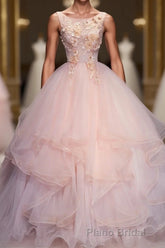 Pink Round Neck Tulle Lace Long Formal Prom Dresses, Lace Prom Dresses