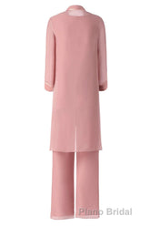 Three-Piece Pink Chiffon Half Sleeve Mother of the Bride Pant Suits