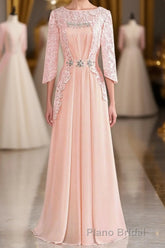 Pink Rhinestone Half Sleeve A-Line Long Mother of the Bride Dresses