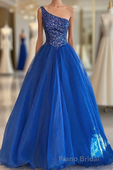 Blue Beaded One-Shoulder A-Line Long Formal Prom Dresses